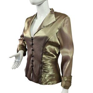 Xscape Shimmer Mint Metallic ButtonUp Evening Top Women 14 Ruched Detail 3/4 Slv